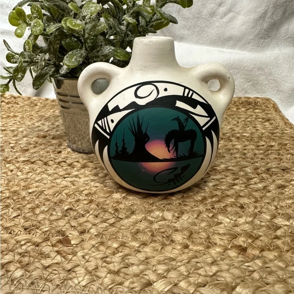 Native American Horse & Rider Navajo Water Vessel‎ Vase Jug Pottery